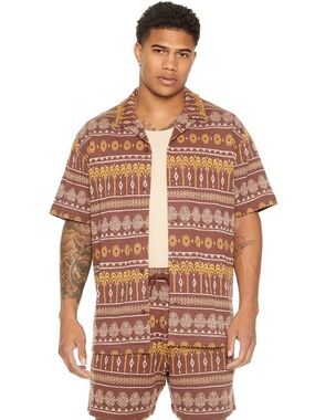 Forever 21 Geo Print Cuban Collar Casual Short Sleeve Knit Shirt - Size Large